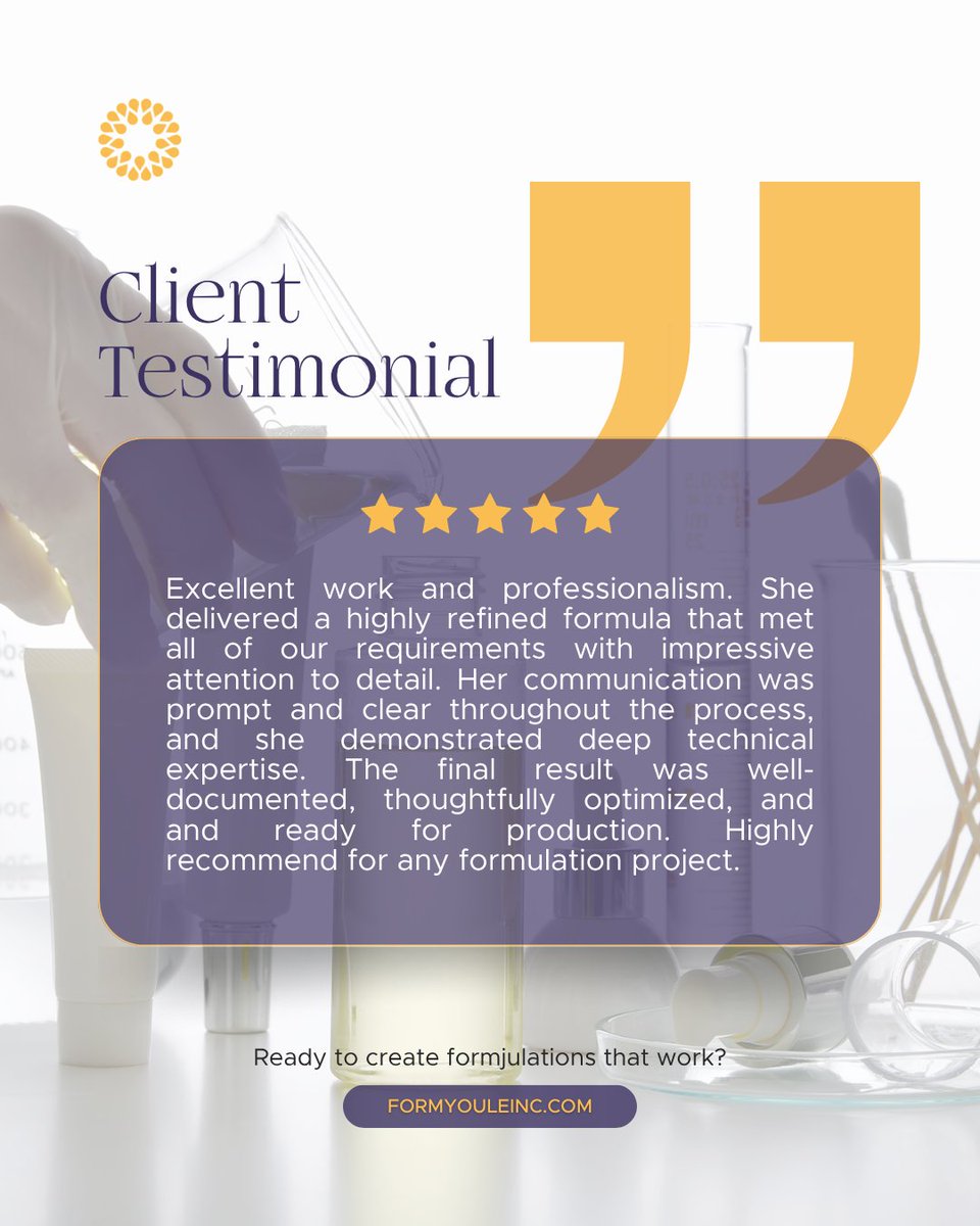 formyouleinc's tweet image. At Formyoule, we’re committed to delivering formulas that don’t just meet expectations — they exceed them. Thank you for trusting us with your vision!

#formyoule #customformulation #skincareformulator #beautyinnovation #privatelabelskincare #skincarebrand #beautyentrepreneurs