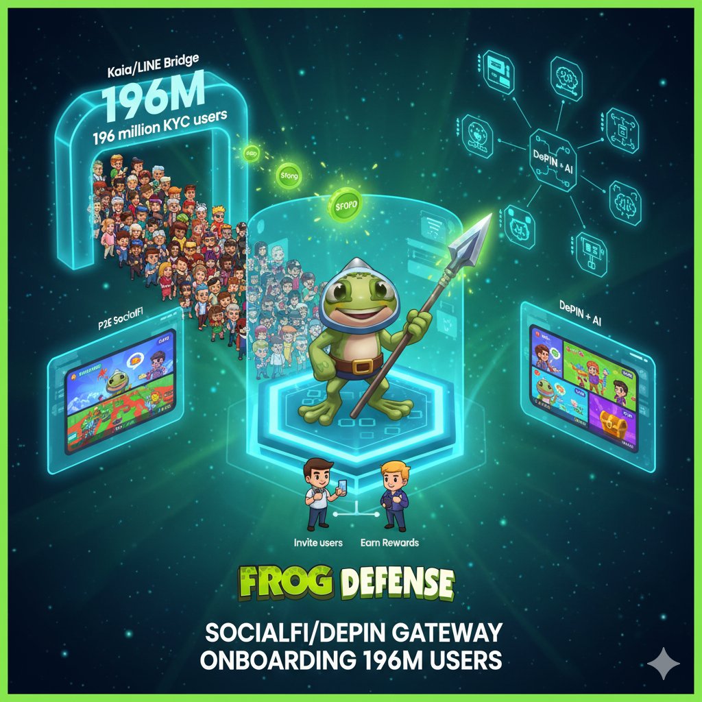 gn everyone.

<a href="/FrogDefense/">Frog Defense</a> isn't just a game, it's a SocialFi/DePIN gateway.

Why I'm bullish on <a href="/FrogDefense/">Frog Defense</a>:

1. The Kaia/LINE Bridge: It's the top native Dapp on Kaia, aiming to onboard LINE 196 million KYC users to the ecosystem using the $FOFO token as the primary traffic