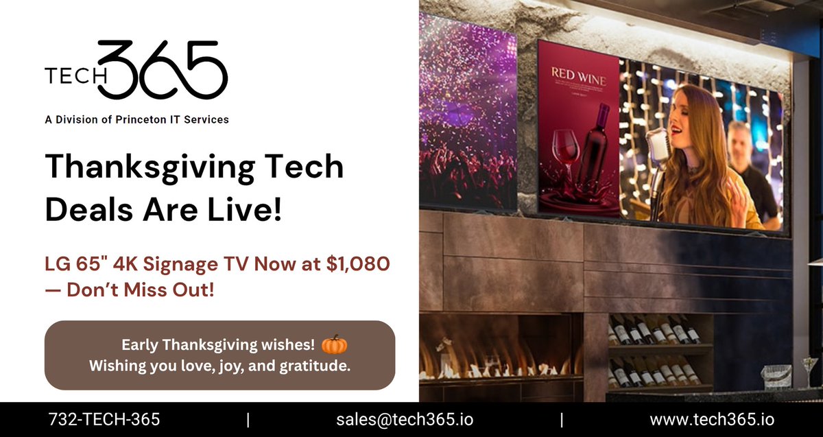 Tech365I's tweet image. Thanksgiving Deal Alert! 🦃🍂
Upgrade to the LG 65&quot; 4K UHD Smart Digital Signage TV — crystal-clear 4K, 400-nit brightness, webOS, Wi-Fi, Bluetooth &amp;amp; 3× HDMI.
🔥 MSRP: $1,517
💰 Tech365 Price: $1,080 (Save $437!)
Smart tech. Smart savings. Only at Tech365.
#Tech365 #Thanksgiving