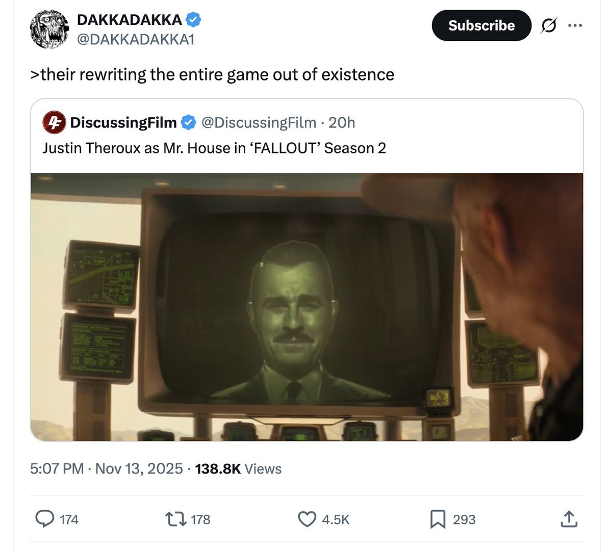 ... Mr. House winning is literally one of the canonical ending possibilities of New Vegas.

And arguably the correct one.

And the House always wins.

Now, it'd be fun if that was the Yes Man sockpuppeting a Mr. House subroutine, but that seems doubtful.

Rent must be due.