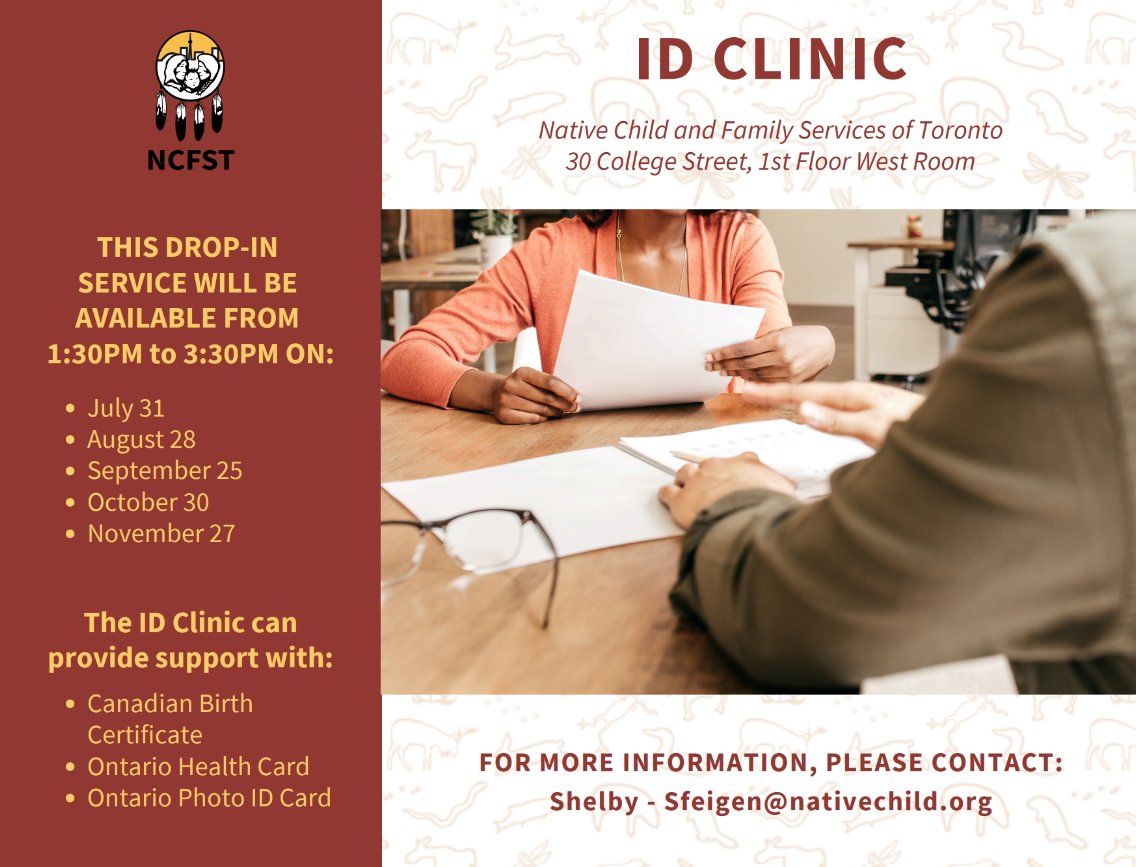 Need help getting your Canadian birth certificate, Ontario Health Card, or Ontario Photo ID? Drop in to our monthly ID Clinic for support with your applications.

For more information, contact Shelby Feigen. See flyer for details!
