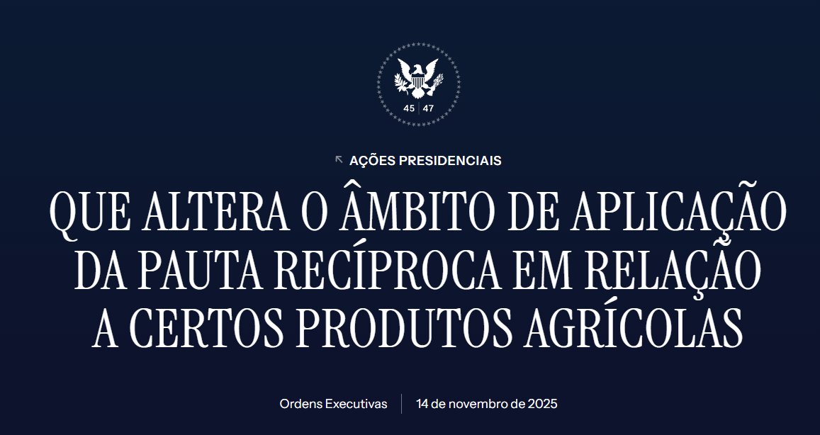 Deixa eu explicar uma coisinha para vocês.

A derrubada de tarifas sobre alguns alimentos, por meio de ordem executiva assinada hoje por Donald Trump, não garante ao Brasil qualquer condição especial em relação ao tarifaço aplicado ao nosso país.

Talvez — talvez — e só por algum