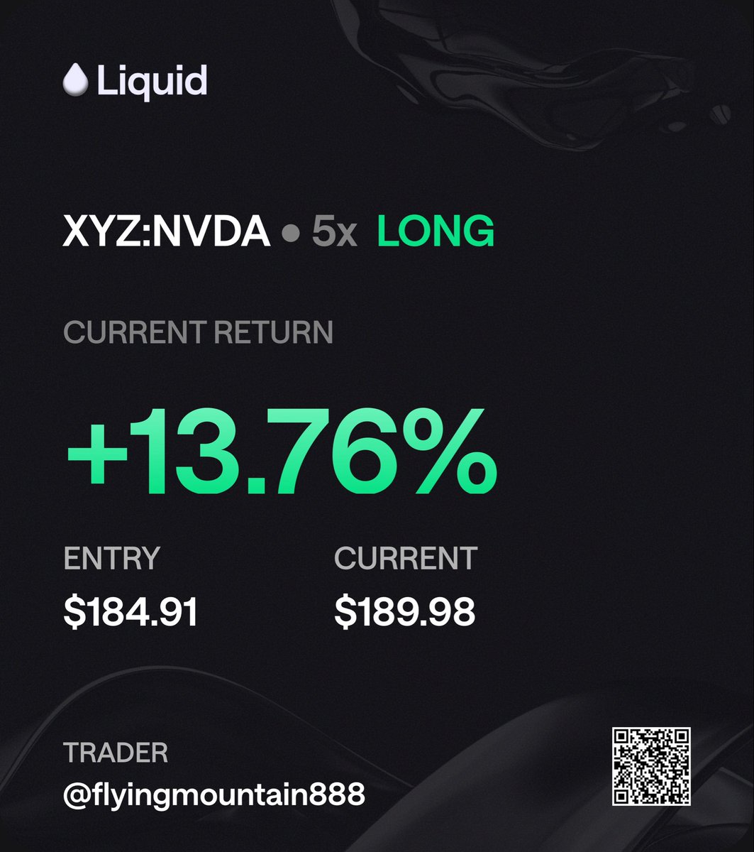 mountain0320's tweet photo. New paradigm to be able to {perps} {Nvidia} with {leverage} and {market liquidity} on a {sleek} {mobile} UI from a {permissionless} protocol. Feel GREAT!

Hyperliquid! 
@HyperliquidX @hyperunit_xyz @tradexyz @liquidtrading @chameleon_jeff @sershokunin @frank_liquid https://t.co/xW4HH7k8lB