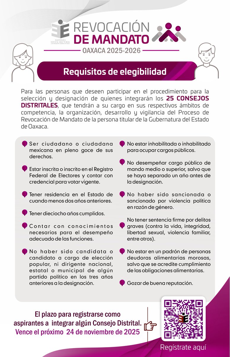 IEEPCO's tweet photo. 🙋🏽‍♀️🙋🏽‍♂️Te invitamos a participar en la convocatoria para integrar uno de los 25 Consejos Distritales del #IEEPCO para la #RevocacióndeMandato. Te compartimos los requisitos que deberán cumplir las personas aspirantes.💻Realiza tu registro en: https://t.co/OvjuZ40oFW https://t.co/iYmPEB5qpe