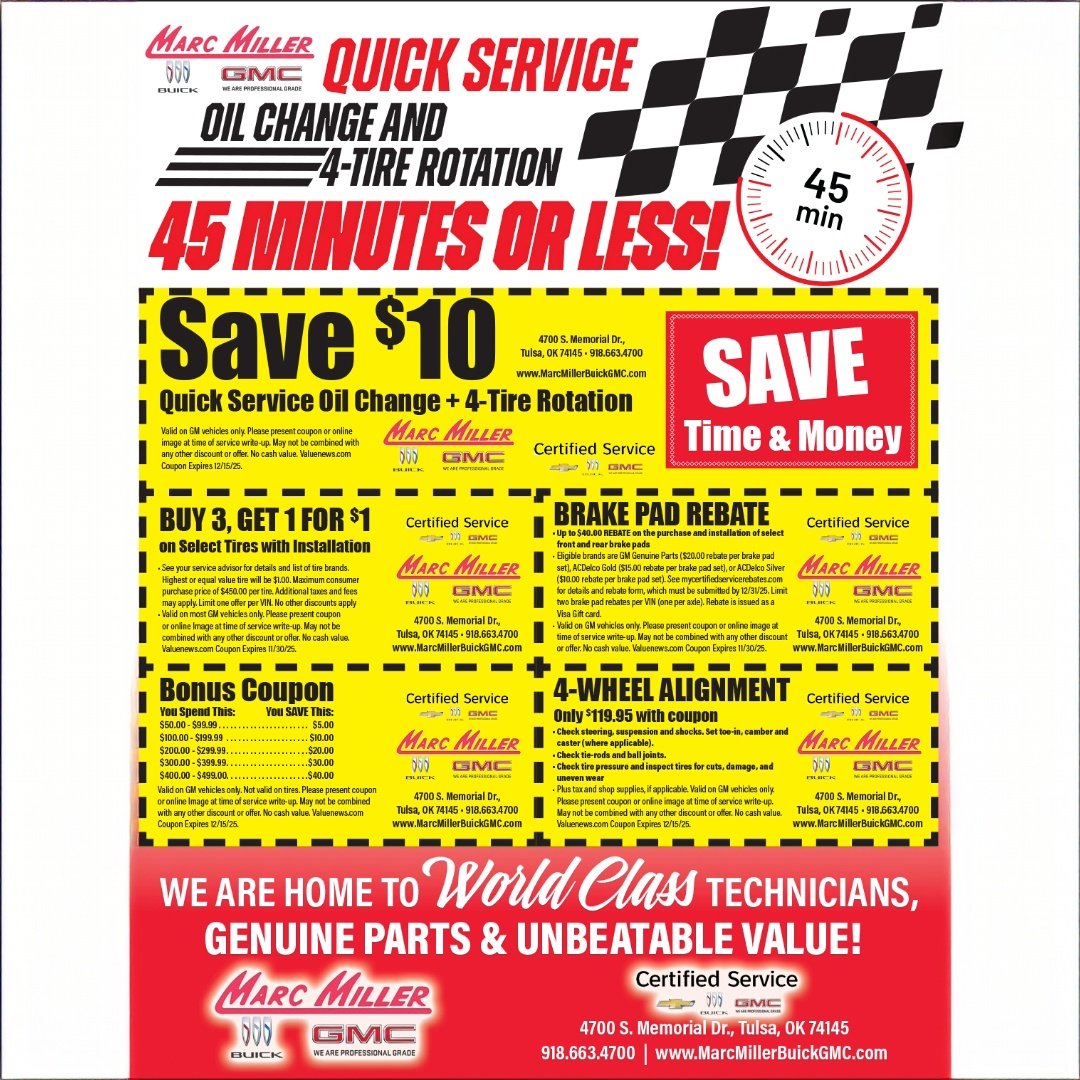 valuenewsvalues's tweet image. Life moves fast and so does Marc Miller Buick GMC! Get your oil changed and tires rotated in 45 minutes or less.

#MarcMiller #AutoService #oilchange

valuenews.com/free-coupons-d…