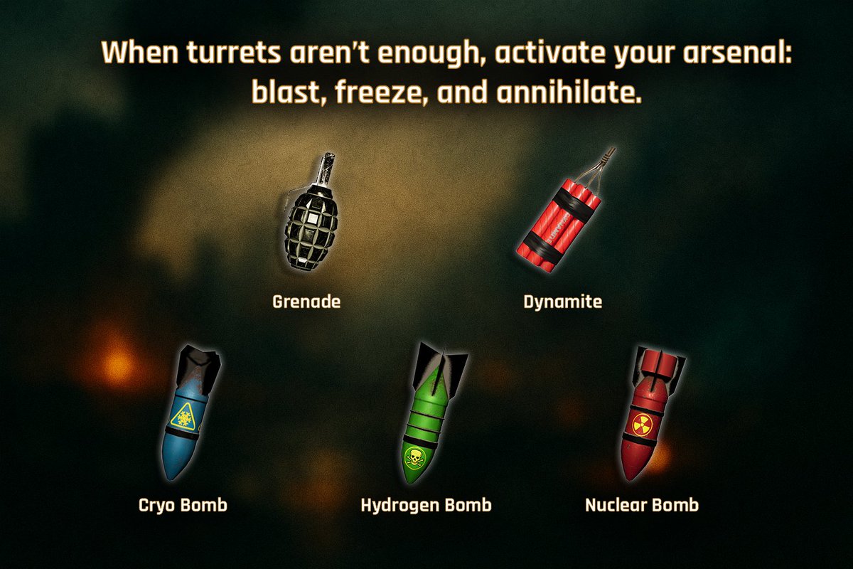 Zombie_TD's tweet image. When turrets aren’t enough, activate your arsenal: blast, freeze, and annihilate.

💣 Grenades
🧨 Dynamite
❄️ Cryo Bombs
💥 Hydrogen Bombs
☢️ Nukes 

All will be available in the shop for $ZTD
