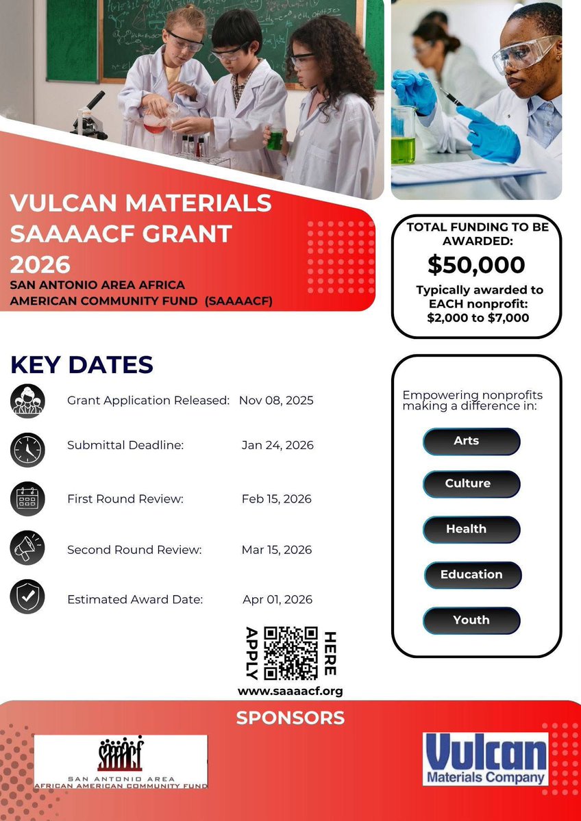 👉 Learn more and apply: saaaacf.org
 📩 Submit your application via: saafdn.org

#SAAAACF #Philanthropy #CommunityInvestment #CorporatePartnership #NonprofitLeadership #VulcanMaterials #BlackExcellence #EquityInAction #SanAntonio