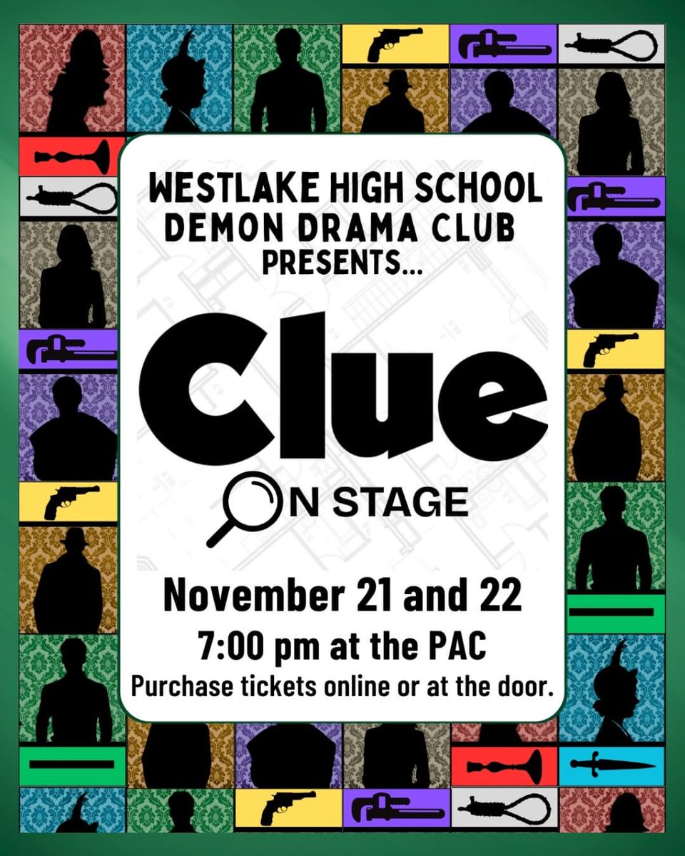 TICKET UPDATE! You can purchase tickets for Clue online via GoFan or at the door. 
Friday 11/21 tickets: gofan.co/event/5366034?…
Saturday 11/22 tickets: gofan.co/event/5366145?…
All tickets are general admission.