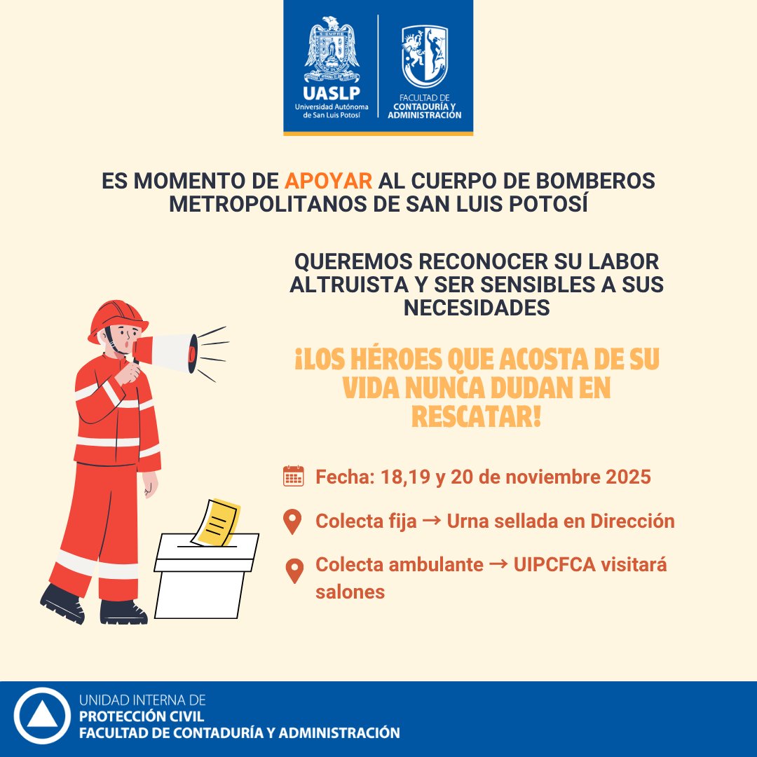 🔥🚒 ¡La Facultad de contaduría y administración se une al apoyo a nuestros héroes!

Participa en la colecta de apoyo a los bomberos y demuestra que nuestra comunidad siempre responde con solidaridad.🙌💛