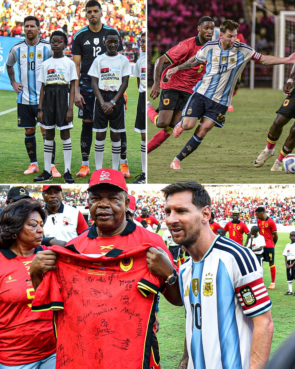 OneFootball's tweet image. Before the match, Lionel Messi stood side by side with Angola’s President João Lourenço to celebrate 50 years of Angolan independence✨🇦🇴🇦🇷