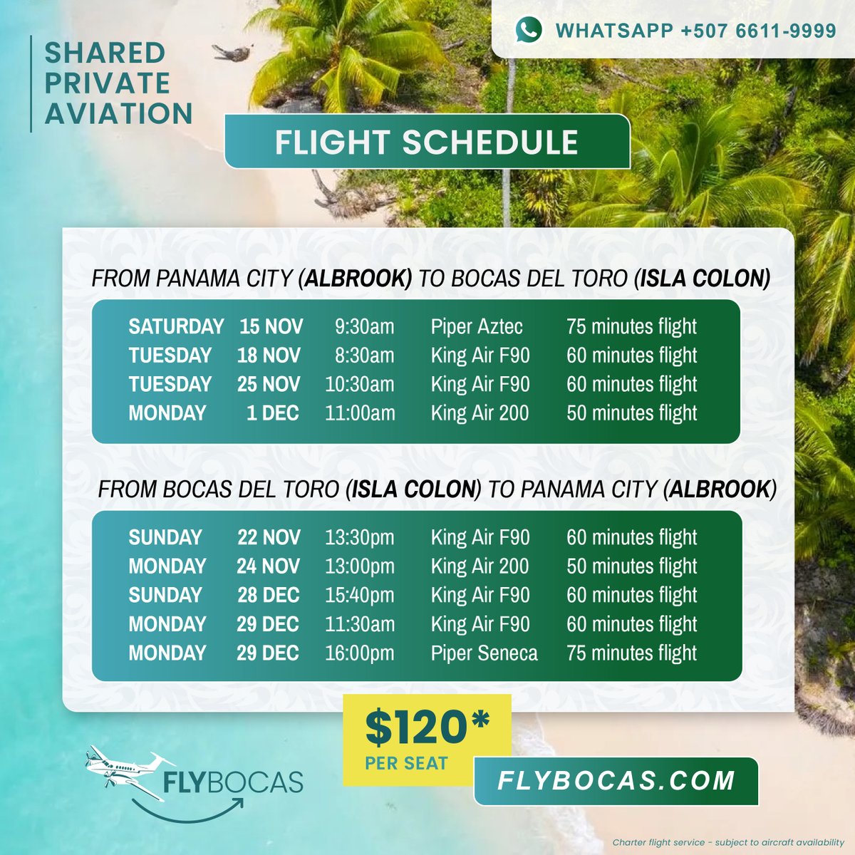 flybocas's tweet photo. 📷 BOCAS 📷 PANAMA CITY | FLY BOCAS!📷
We're offering shared private flights between Panama City (Albrook) and Isla Colón at just $120 per seat.
📷 UPCOMING FLIGHTS SCHEDULE
📷 Limited seats available!
📷 Book now: +507 6611-9999
📷 Visit: https://t.co/DD6V6ii3Ps https://t.co/25fez5gmFV
