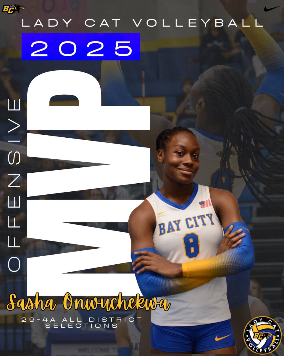 BayCityVB's tweet photo. 29-4A All District Selections  Congratulations to our Lady Cats — We are incredibly proud of all our athletes and their accomplishments! 

#BFND 

Jr. Sasha Onwuchekwa OH/MB/MH Offensive MVP @Onwuchekwa43479 

Jr. Kolbie Davis OH/DS
2nd Team All District @kolbiedavis_ https://t.co/No7XU8IqWG
