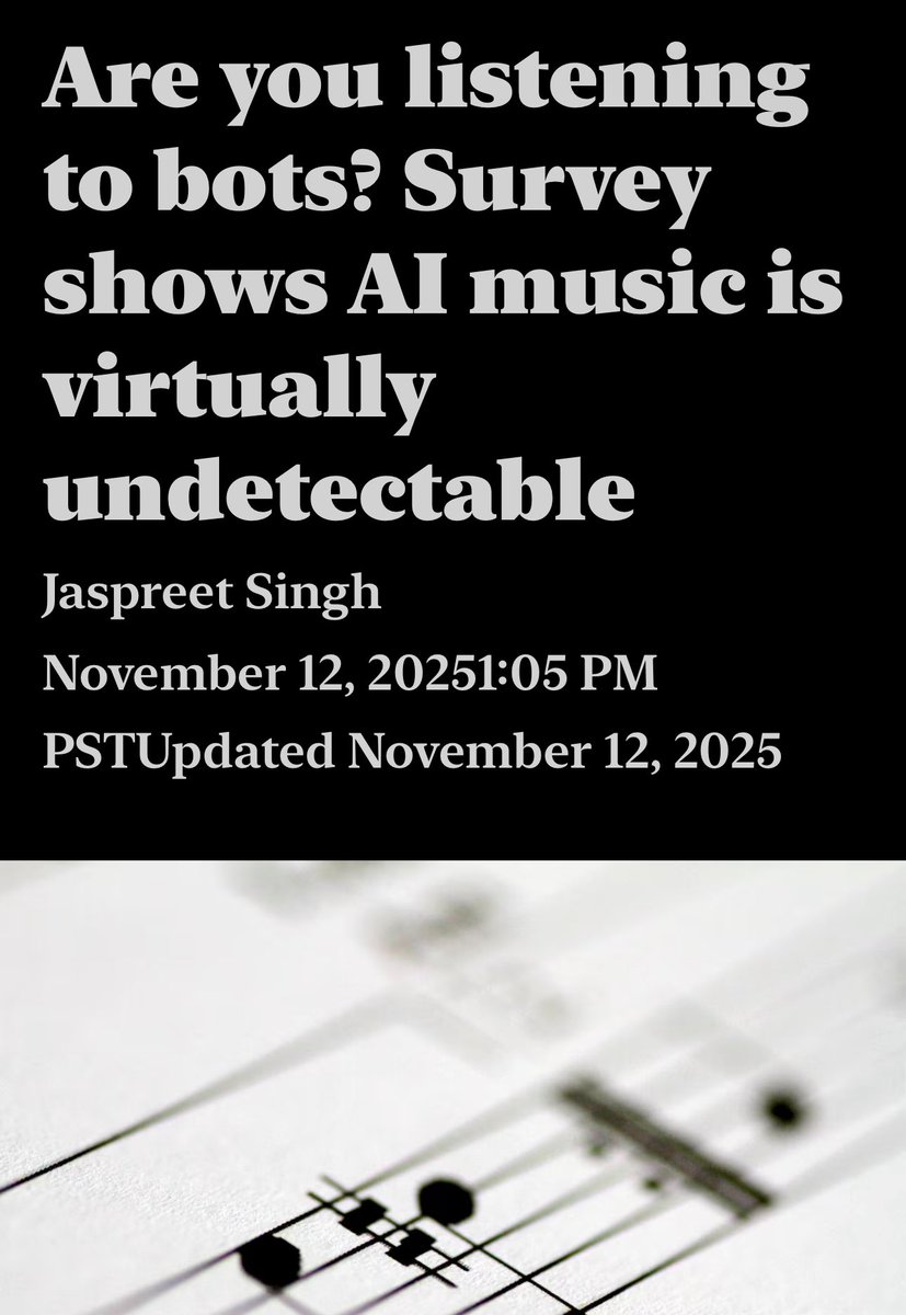 BrianRoemmele's tweet image. A staggering 97% of listeners cannot distinguish between artificial intelligence-generated and human-composed songs, a Deezer–Ipsos survey showed on Wednesday, underscoring growing concerns that AI could upend how music is created, consumed and monetized.