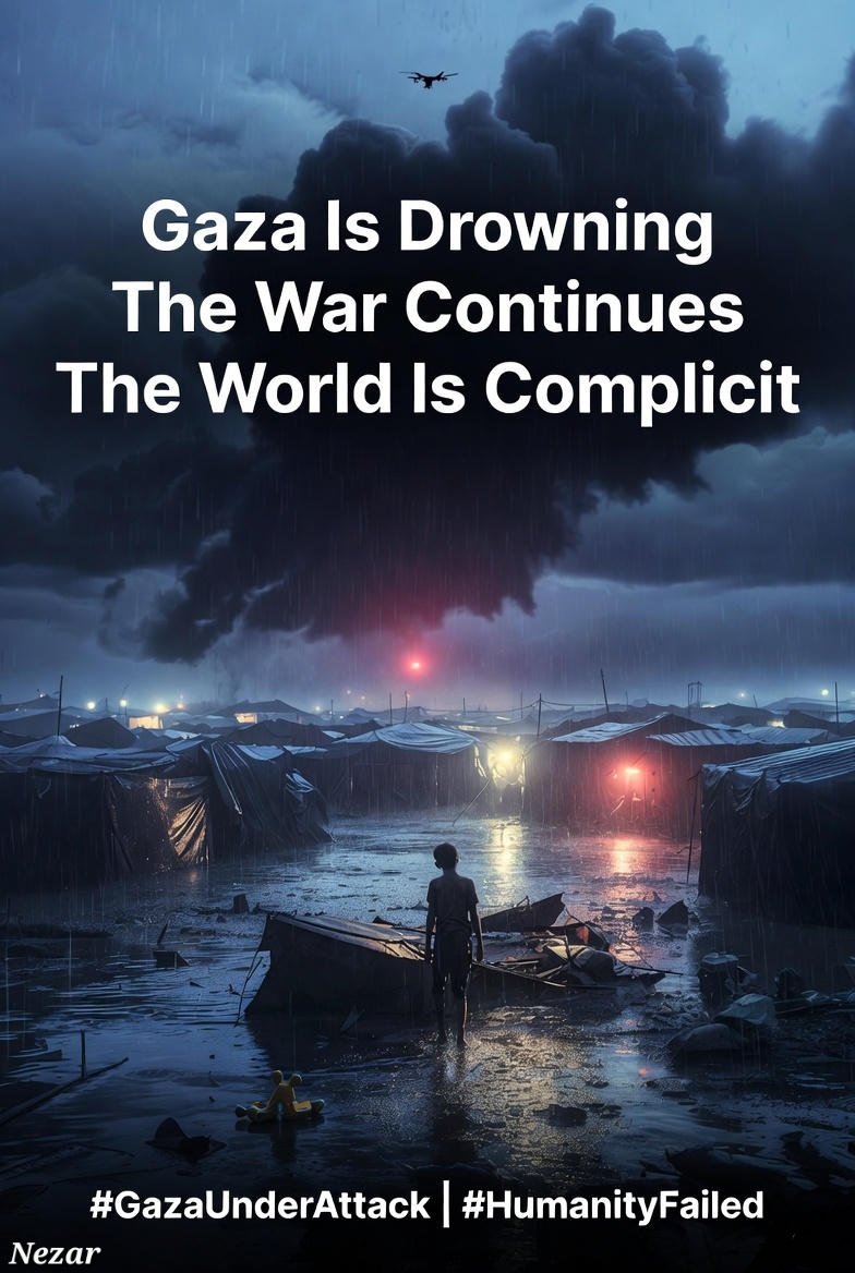 Nezaralmou's tweet photo. 📣Gaza is drowning the war continues and the world stays complicit.
Rain floods the camps, bombs level the homes,
Children freeze,starve,and scream with no shelter,no hope.
Gaza doesn’t need sympathy.
Gaza needs justice.
#GazaUnderAttack #GazaFloods #StopTheWar #HumanityFailed https://t.co/Sm8kaX3S09