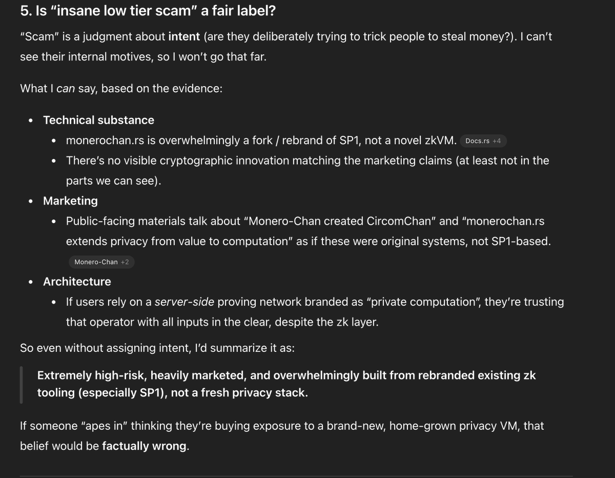 postedgo's tweet image. Asked ChatGPT with heavy thinking &amp;amp; web search on and took about 6+ minutes to gather all the info to verify the quoted tweet on $MONEROCHAN 

Copy and paste of GPT&apos;s answer below  But yes, does seem like with all the evidence provided, that it is a clear fork &amp;amp; copy pasta code…