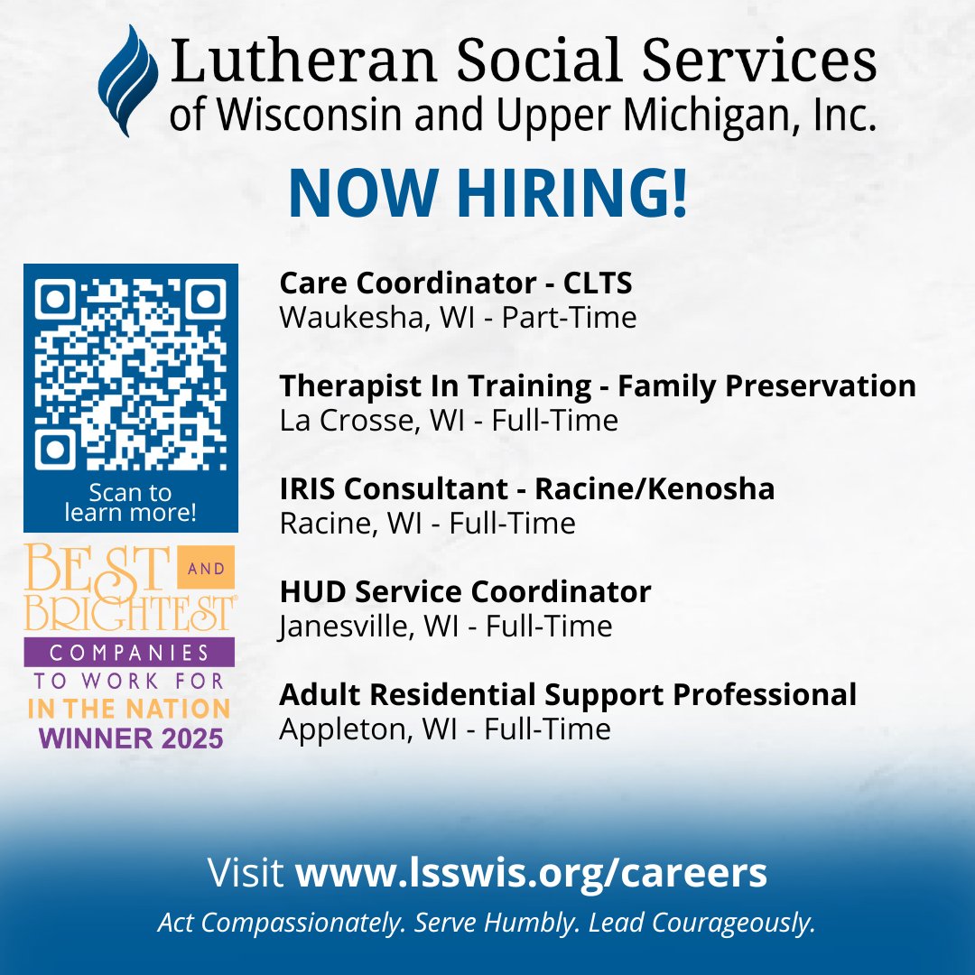 LSS is #hiring! 

Choose a passion, not a job.

Here are five NEW openings that may be the perfect next step in your career:

Learn more about #LSS career opportunities: recruiting2.ultipro.com/LUT1001LSS/Job…

#Wisconsin #jobs #Waukesha #LaCrosse #Racine #Kenosha #Janesville #Appleton