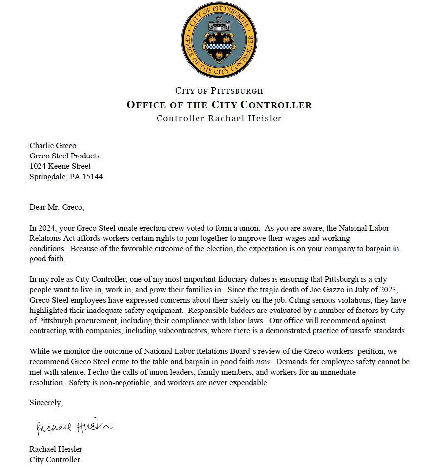 PGHController's tweet image. Today I wrote to Greco Steel urging them to address workers&apos; safety concerns in the aftermath of a tragic workplace death in 2023. All workers in Pittsburgh deserve to be safe on the job. Greco needs to come to the table now and bargain in good faith.