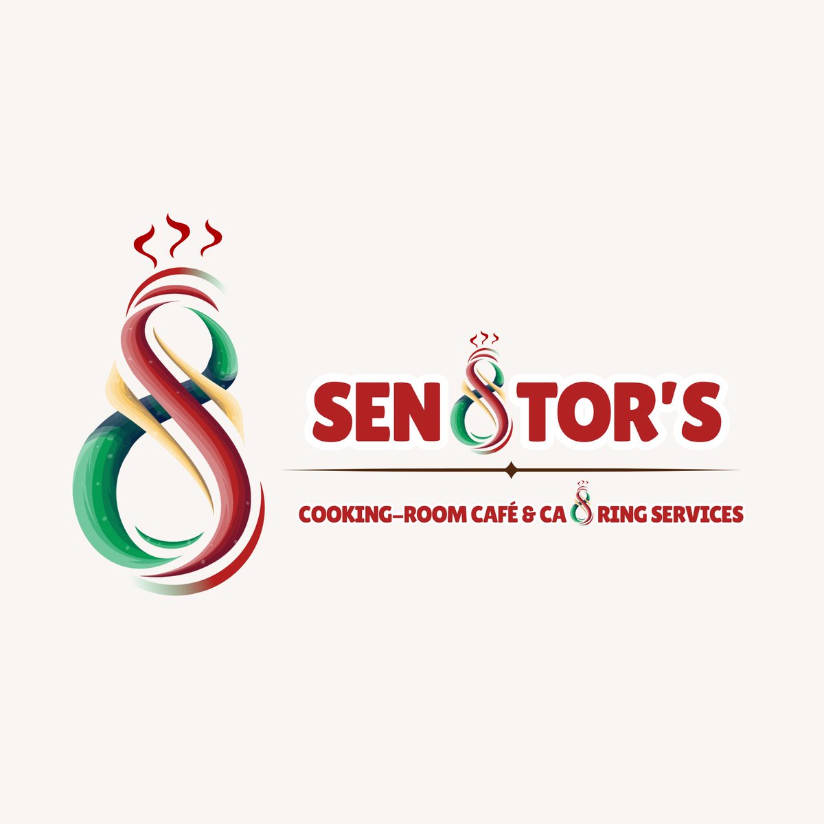 A vibrant, custom logo designed for a cooking-room café and catering service, featuring a dynamic, stylized ‘8’. The logo uses warm, steamy colors red, green, and gold — to symbolize heat, freshness, and culinary excellence, perfectly reflecting the brand’s focus.