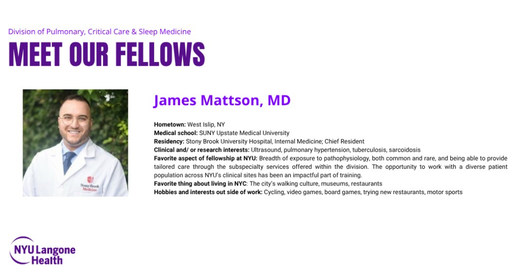 NYULangonePCCSM's tweet image. 🌟 For #FellowFriday, meet Dr. James Mattson! Dr. Mattson values the diverse patient population &amp;amp; the breadth of exposure to pathophysiology at NYU. 🏙️ When not at work, he loves cycling, video games, board games, discovering new restaurants, &amp;amp; motor sports!
#PCCM #Meded