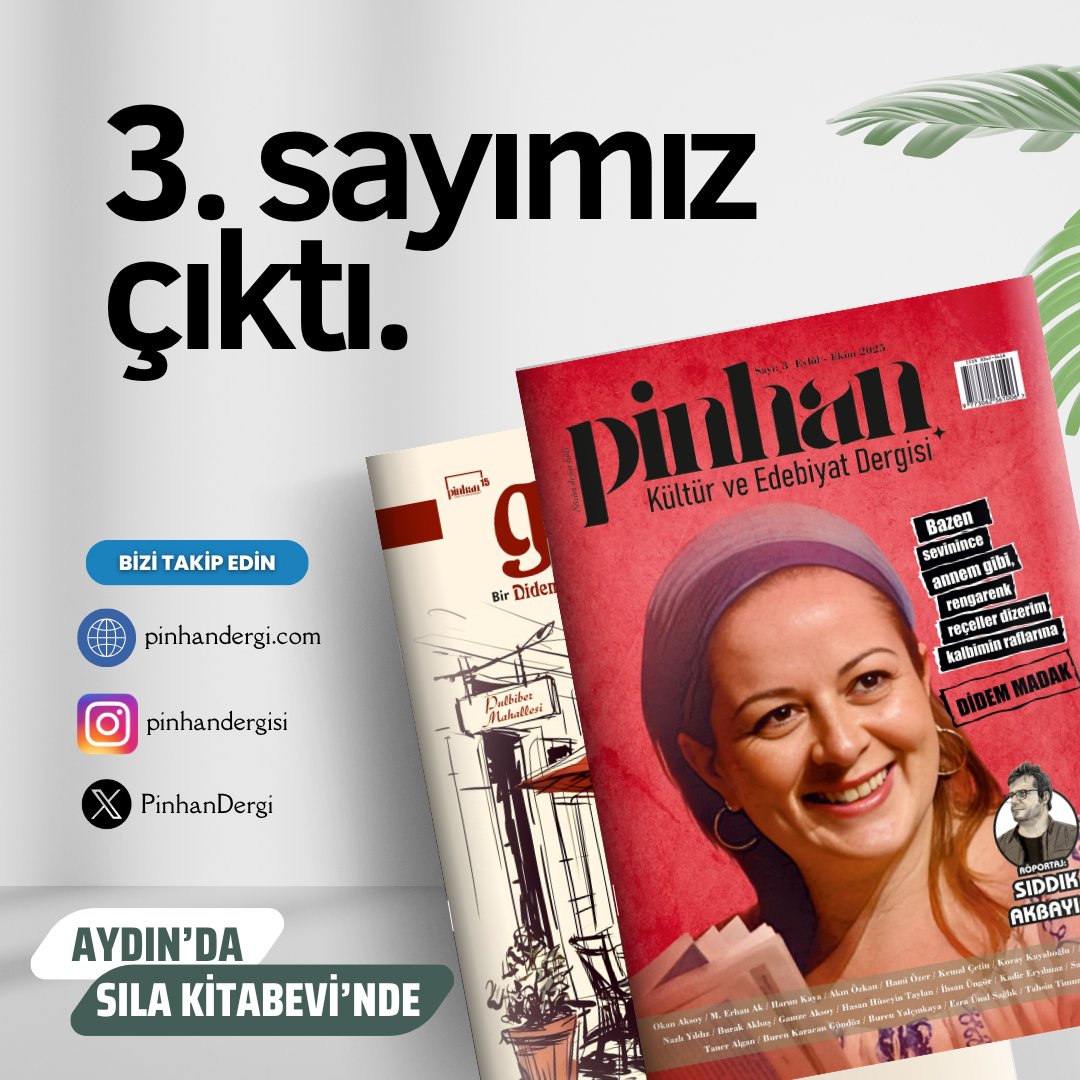 PinhanDergi's tweet photo. 📚 Pinhan’ın 3. Sayısı Okurlarla Buluştu!

Bu sayımızda edebiyatımızın güçlü sesi Didem Madak’a özel bir dosya hazırladık.
Şiir, öykü, deneme ve söyleşilerle dopdolu Pinhan’ın 3. sayısı artık Aydın’da Sıla Kitabevi’nde! 📖 https://t.co/GFkpnXApAP