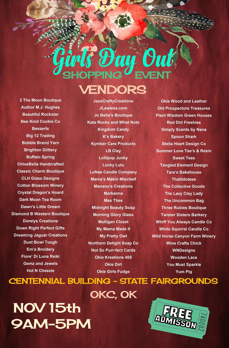 In case you missed it, these are the AMAZING vendors that will be at Girls Day Out THIS SATURDAY, Nov 15th, 9 a.m. to 5 p.m.
Wine and Mimosa Bar!
FREE ADMISSION!
Sponsored by Tailored Remodeling, Native Chiropractic, Renewal by Andersen and Tuff Shed!

❣️ bit.ly/4qS7ENL