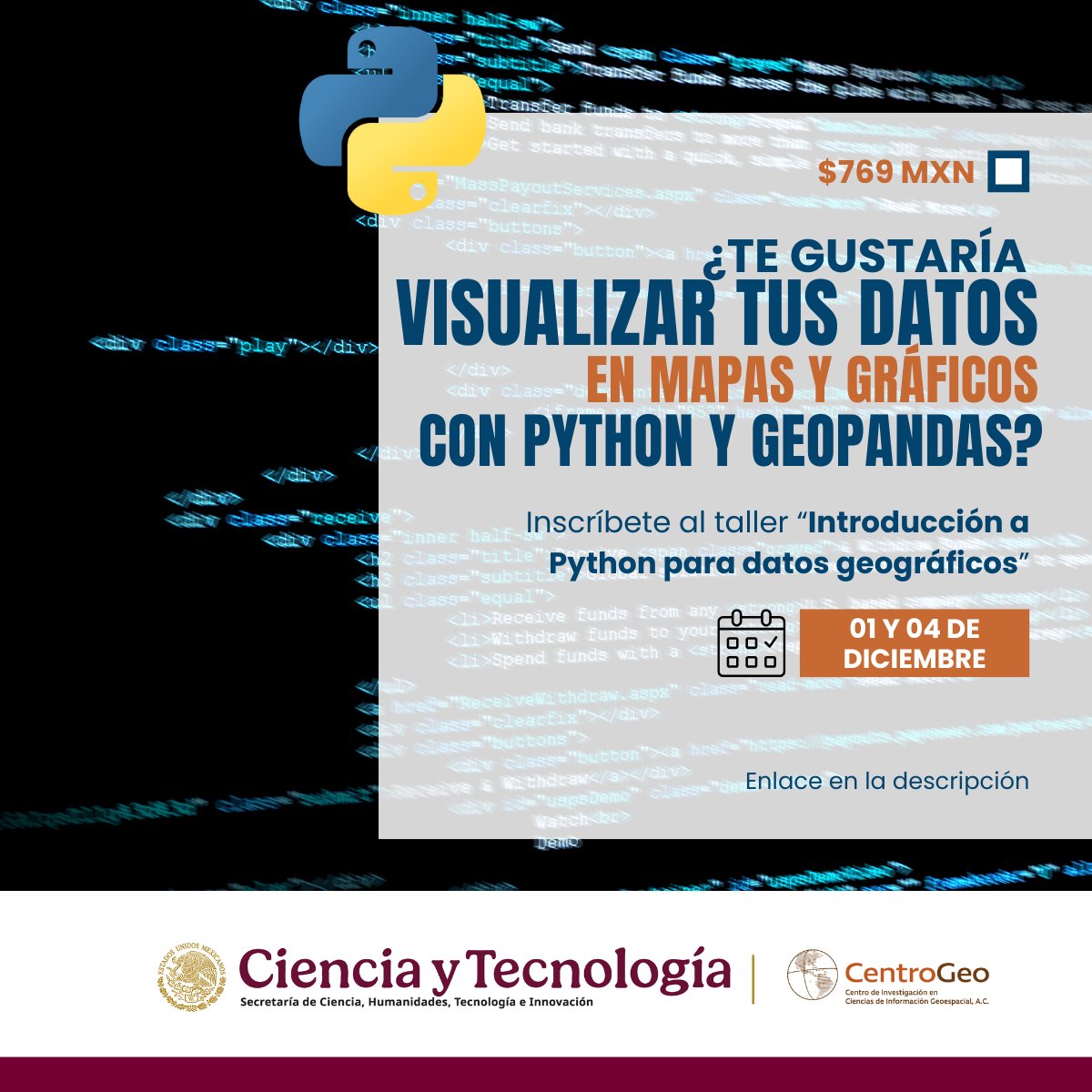 UFDCentroGeo's tweet image. Enlace: linktr.ee/cgeo
Este taller te guía desde los conceptos básicos hasta crear tus propias visualizaciones en mapas, con herramientas como Python y GeoPandas.

#pythonparadatosgeográficos #googlecolab #python #cursoonlinepython #tallerpython #pythondesde0