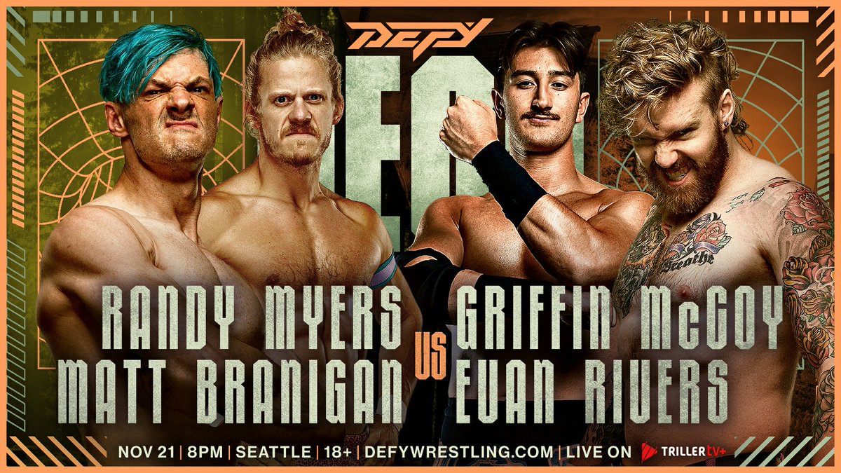 Tag team mayhem.
Myers &amp; Branigan vs McCoy &amp; Rivers - chaos meets ambition.
🎟️ defywrestling.com | 📺 Triller+
