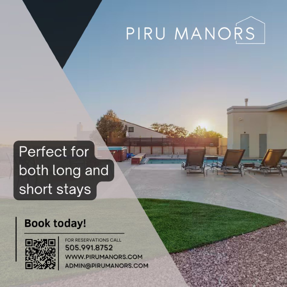 PiruGroup's tweet photo. Perfect for both long and short stays, our residences are your gateway to Albuquerque. 🌟🏜️ #HomeAwayFromHome #ShortTermRental

🌐 https://t.co/gPTcEma630
✉️ Admin@PIRUMANORS.com
📞 505.991.8752 https://t.co/pViwWId8i0