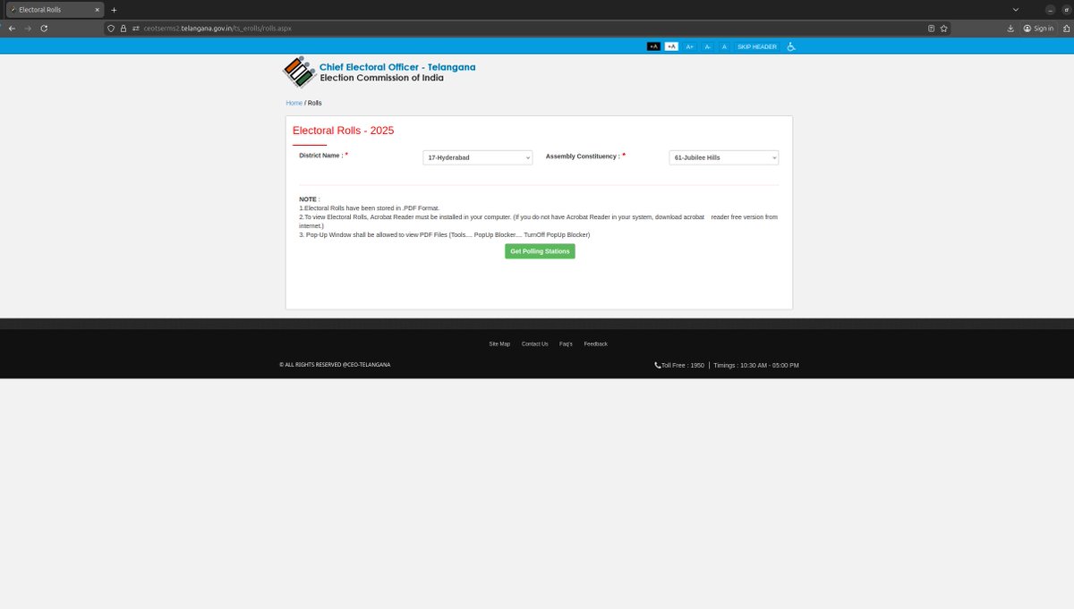 PoliIntelLab's tweet photo. @CEO_Telangana, the “Get Polling Stations” link - https://t.co/Otzo5c1CDL has been down since 21-10-2025 (Jubilee Hills, SSR Final).
Heavy public money gone into maintaining public tech, yet there’s zero reliability, zero transparency and no way to track when links or pages go down.
Citizens deserve uptime dashboards, link-health metrics & accountability.
Public tech must work — public money deserves public reliability. 
#PublicTechWatch #FixPublicTech #DigitalAccountability #UptimeForCitizens #GovTechReliability