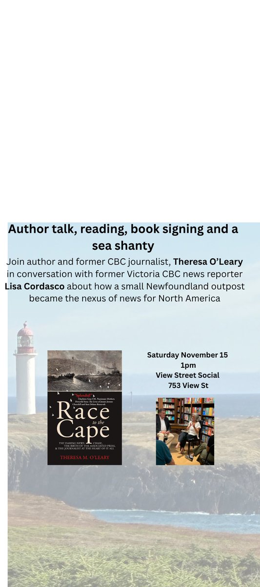 LisaCordasco's tweet photo. Calling all book lovers, journalists, historians and Newfoundlanders. Hope to see you tomorrow! #victoria #booklovers #yyjevents https://t.co/aWO9TIDJId
