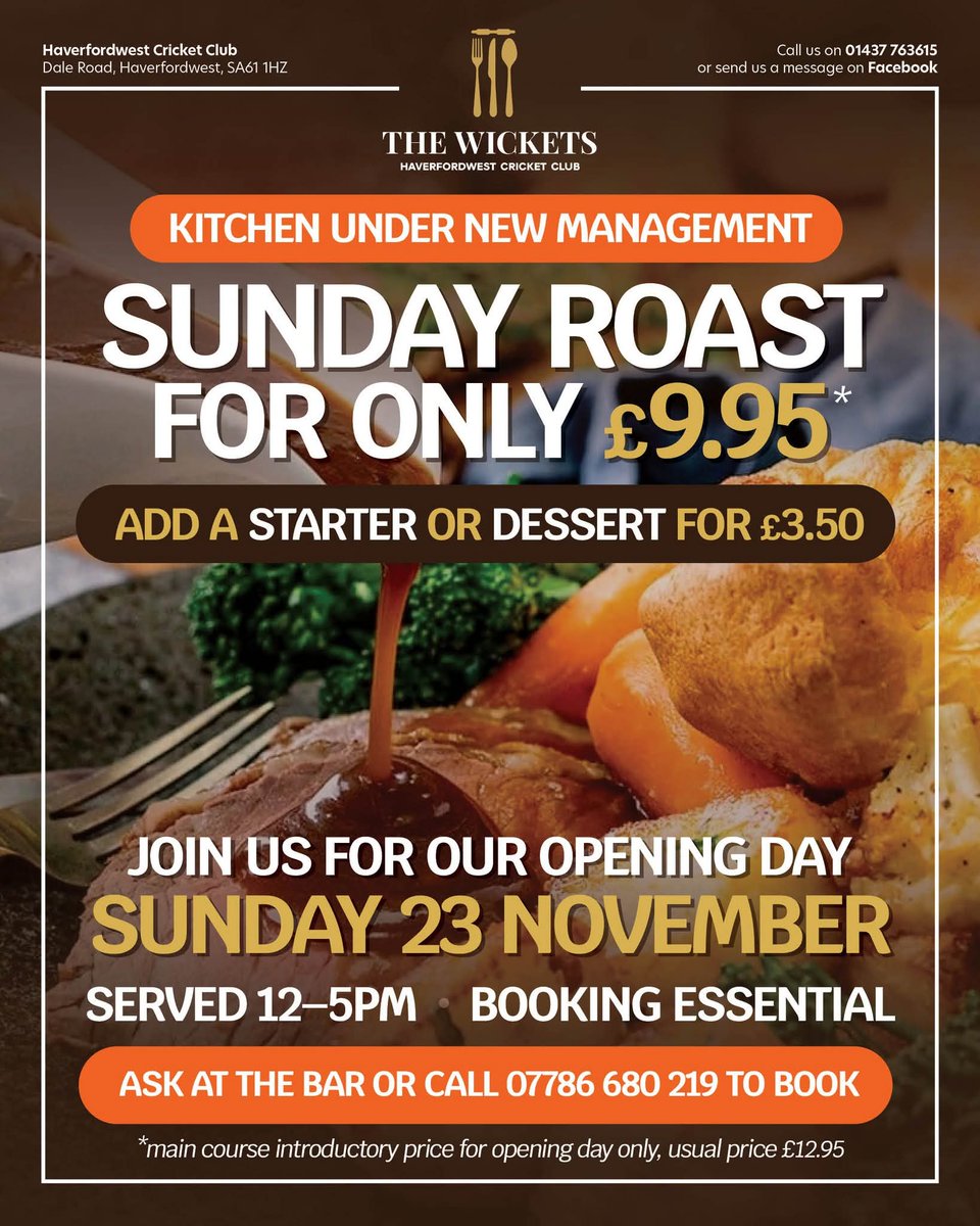 🍽️ Join us at HCC on Sunday 23 November for the Opening Day of our new kitchen franchise..  The Wickets! 🏏

⭐️ Special introductory price for Sunday Roast at only £9.95... and add a starter/dessert for just £3.50 each!

☎️ Booking is essential 👇