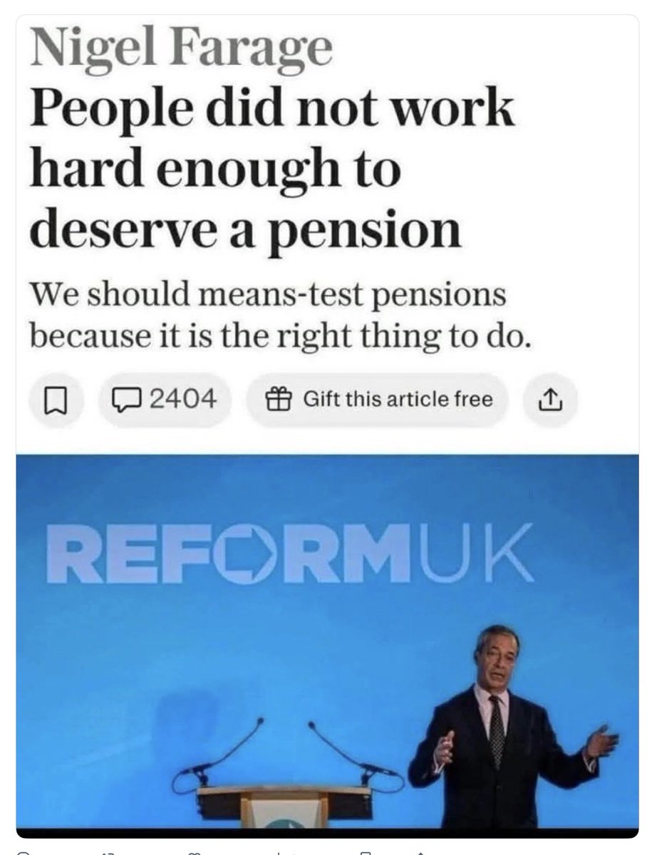 Nigel Farage will be entitled to an annual pension of £73,000 from the European Union when he reaches the age of 63.

Despite having the worst attendance record of any able-bodied European Parliament member.

Who is he to judge whether others deserve their pensions?