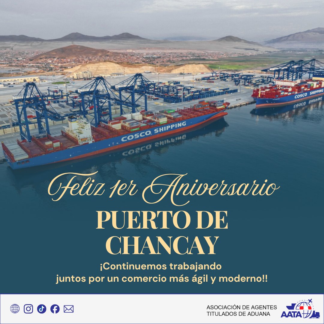 aataperu's tweet photo. Felicitamos al @puertodechancay por su primer aniversario y auguramos un camino lleno de innovaciones, desarrollo y nuevas oportunidades para todo el sector.
 
#puertodechancay #aata #logística #comercioexterior #peru https://t.co/wvWHcq7JfD