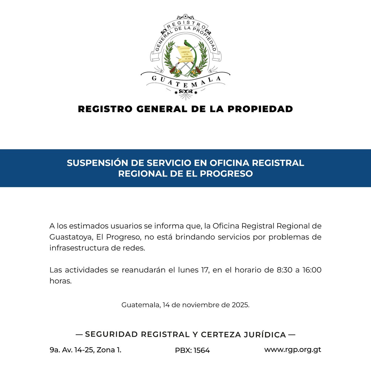 RGP_gt's tweet image. Aviso importante. 

#registro #elprogreso #rgp
