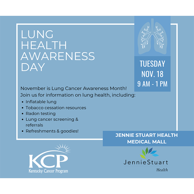 KyCancerProgram's tweet image. Lung Health Awareness Day

Join us today, 11/18 from 9 AM-1 PM at Jennie Stuart Health Medical Mall.