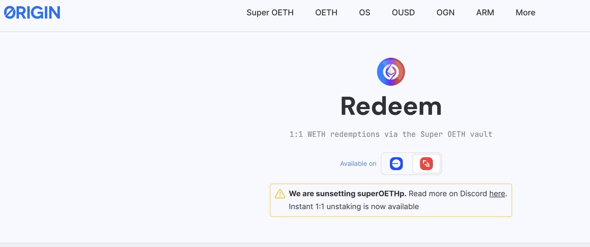 duckmonteez's tweet image. “We are sunsetting superOETHp”. 
You can redeem your assets on Origin Protocol, one of the apps on Plume portal. Instant 1:1 unstaking is available. 
@plumenetwork @OriginProtocol 
#plumenetwork #originprotocol 
#plume #rwa  #plumeportal #discover 

app.originprotocol.com/#/super/redeem…