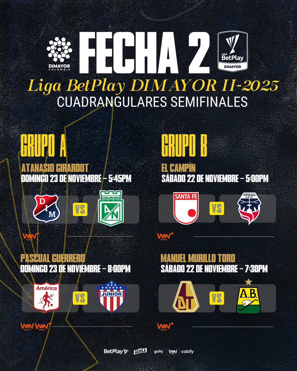 🇮🇩🦁 Fixture de #SantaFe en los cuadrangulares semifinales de la #LigaBetPlay 2025-II

Fecha 1
🗓️ Miércoles 19 de noviembre
⌚️ 6:30 p.m.
🆚 #Bucaramanga 
🏟️ Américo Montanini

Fecha 2
🗓️ Sábado 22 de noviembre
⌚️ 5:00 p.m.
🆚 #Fortaleza 
🏟️ El Campín

Fecha 3
🆚 #Tolima 
🏟️ El