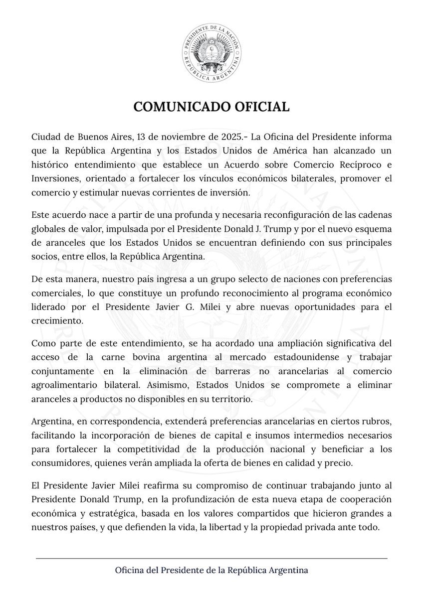El comunicado habla de “preferencias comerciales” y “apertura de mercados”, pero la letra fina es otra cosa:
👉 EE.UU. abre para la carne argentina (lo que ya le conviene)
👉 Argentina abre para bienes de capital e insumos norteamericanos (donde ellos nos pasan por arriba)
👉