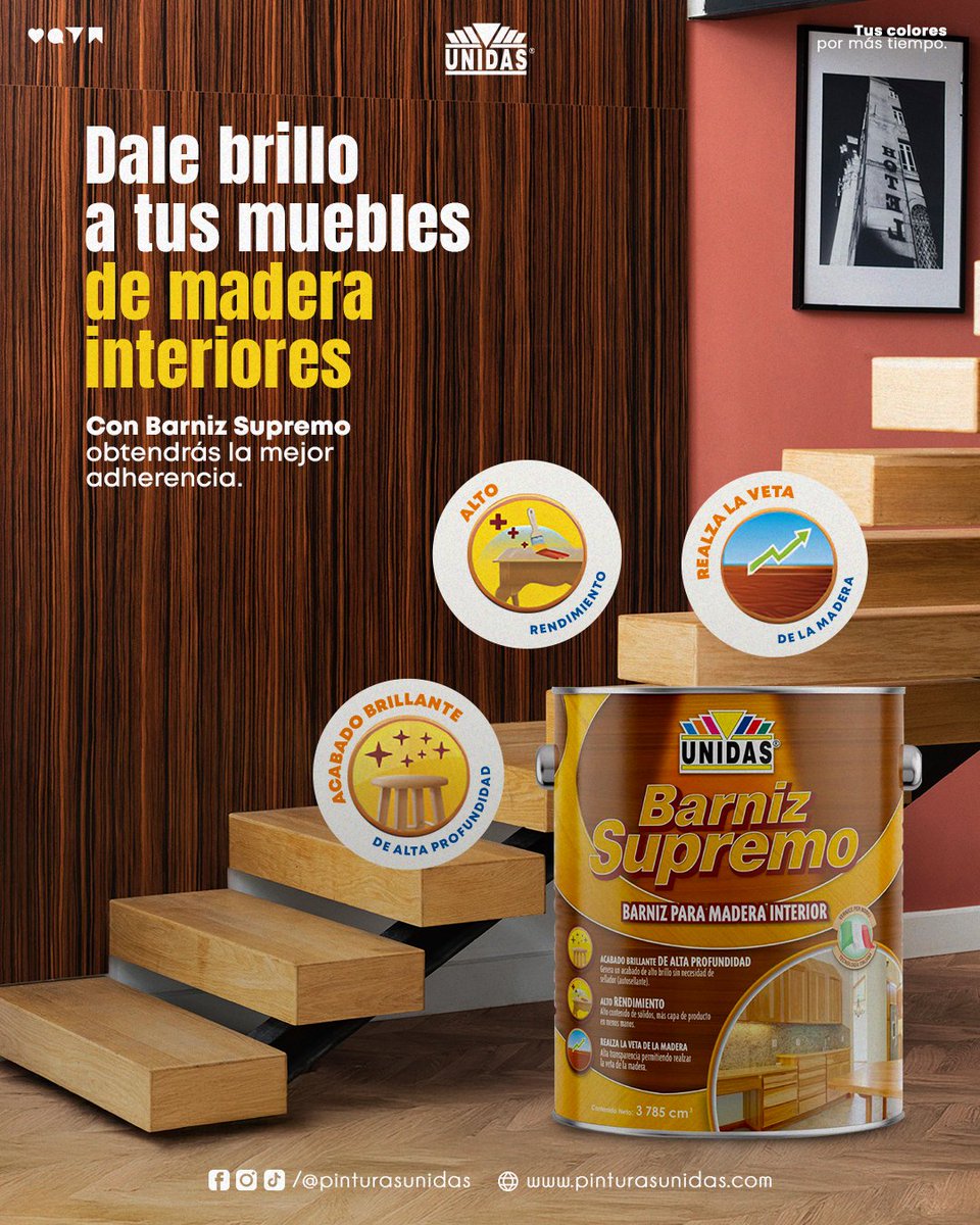 Brillo y protección para tus muebles con Barniz Supremo. 🪵Realza las vetas y dale nueva vida a tu madera. Ideal para interiores que buscan elegancia y durabilidad. 

💡Se puede aplicar en puertas, escaleras y piezas artesanales. 

#PinturasUnidas #BarnizParaMadera #BarnizSupremo