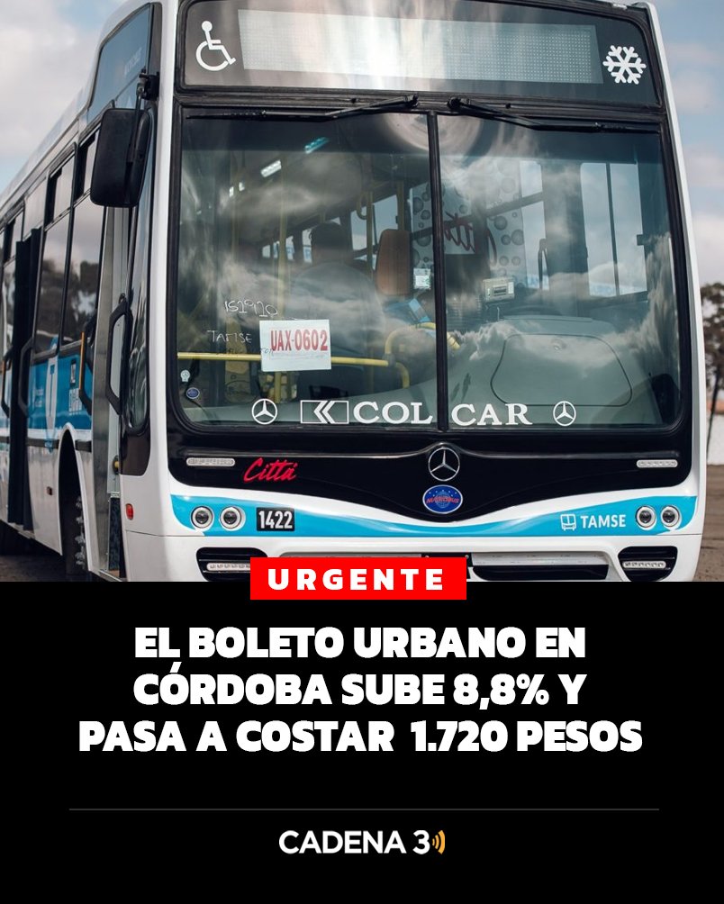 Cadena3Com's tweet photo. GOLPE AL BOLSILLO 💰

La Municipalidad de Córdoba informó este viernes por la tarde un nuevo aumento en la tarifa del transporte urbano 📈

Será del 8,8%, con lo cual el boleto pasará de $1.580 a $1.720 a partir de la medianoche 🚌 https://t.co/fVQgummVJQ