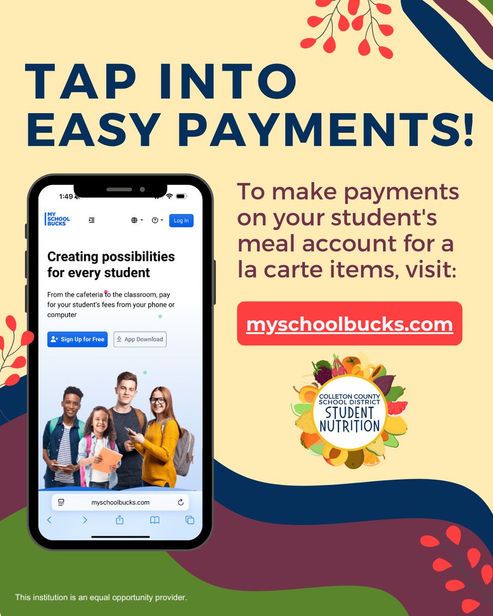 ColletonMeals's tweet image. Fueling young minds, one payment at a time! Easily manage à la carte purchases with just a click: myschoolbucks.com

#Colletonsc #Colletonsouthcarolina #Colleton #scschools #Colletoncounty #Colletoncountyschooldistrict