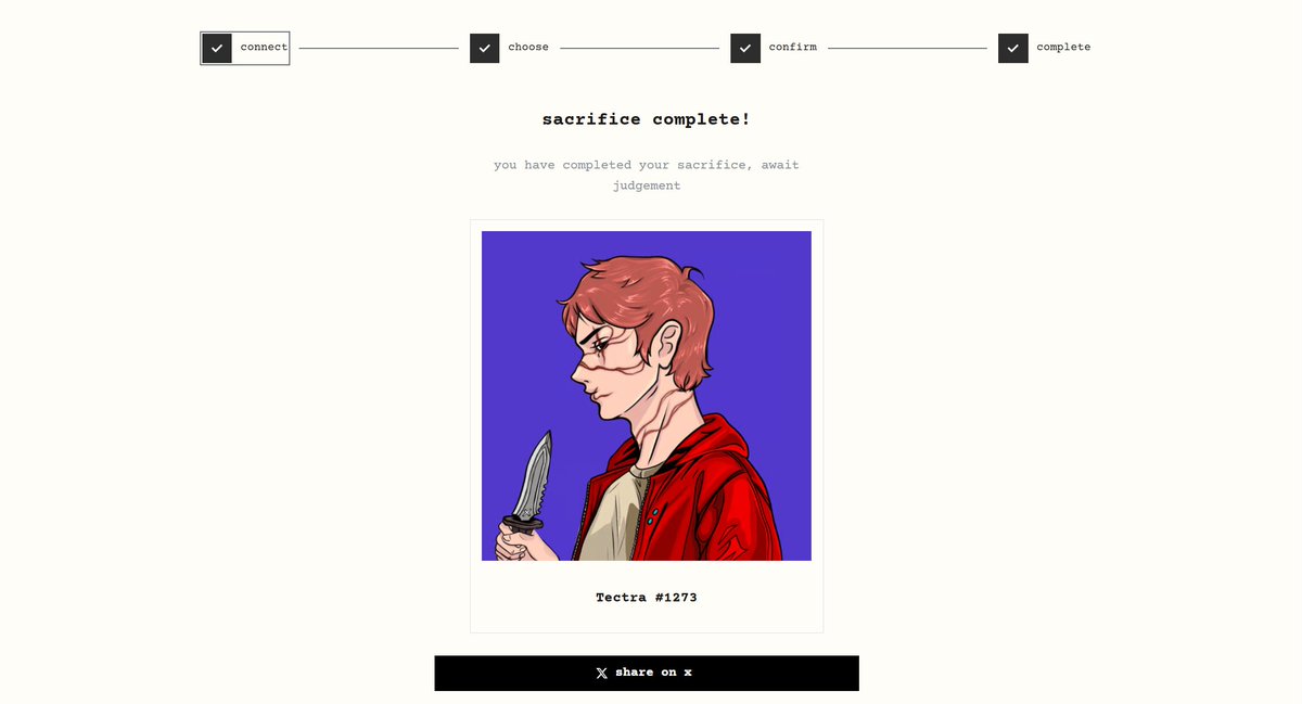 Found a couple of big accounts following and supporting <a href="/Sacred_Waste/">sacred waste</a>

They just launched a page where you can participate for WL through a “sacrifice” process, basically burning an NFT on Ethereum.

→ prophets.sacredwaste.io
• Connect your wallet (DYOR, feel free to use a new