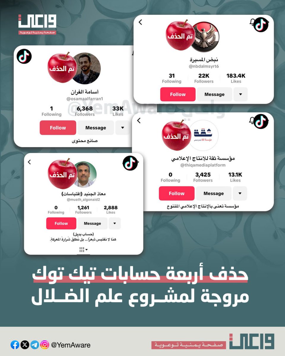 شوية حسابات على تيك توك أكلين تفاح 🍎

تشتوا الصدق والا ابن عمه؟
الصدق مش بس أربع حسابات أكلين تفاح، ولكن أكثر بكثير، لكن احنا يعجبنا ننشر شوية شوية عشان نعطي كل واحد حقه ومستحقه من الصفات، وعشان لزوم اللعب بالأعصاب 😂

فدينا قلبك يا اللي ماسك لنا جبهة تيك توك ❤️

اللي بعدوووو

ـ