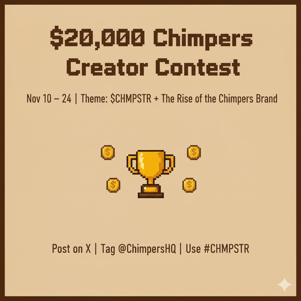 muhdx10's tweet image. 6/
To celebrate this next phase, @ChimpersHQ launched a $20,000 Creator Contest running from November 10 to 24.

The theme is simple:
$CHMPSTR and the Rise of the @ChimpersHQ Brand.

Post your work on X, tag @ChimpersHQ, and include #CHMPSTR to join.