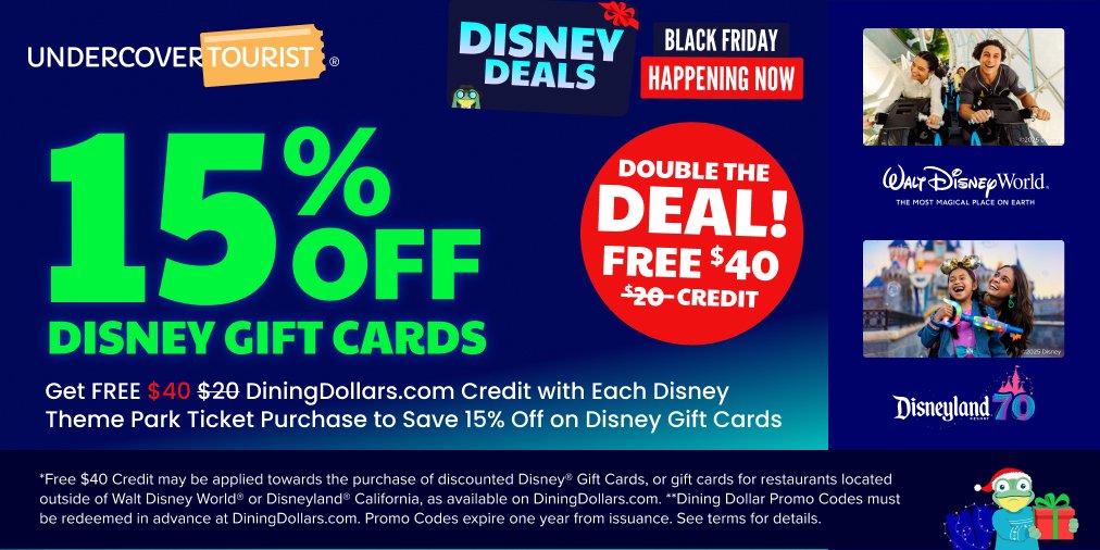 🆓 DOUBLE THE DEAL!! Our $20 Disney gift card deal just got even better. 🥳 Throw that confetti! 👉 Right now, get a FREE $40 DiningDollars.com credit with each Disney theme park ticket purchase to save 15% off on Disney gift cards.

🐸 Hop over to undercovertourist.com/hot-deals/