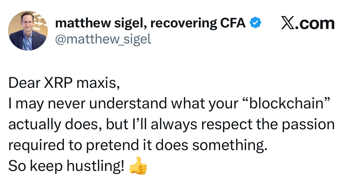 InvestWithD's tweet image. 🚨BREAKING: VANECK EXEC ATTACKS XRP — GETS DRAGGED BY RIPPLE’S CTO &amp;amp; THE ENTIRE COMMUNITY 👀🔥

Okay… this one is wild.

Matthew Sigel (@matthew_sigel) — the actual Head of Digital Assets Research at @VanEck_us — posted a snarky jab at $XRP holders, basically admitting he…