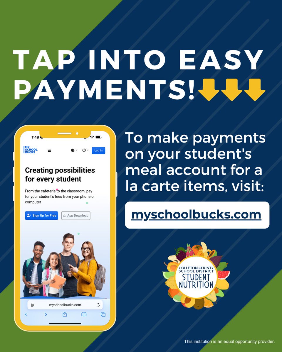 ColletonMeals's tweet image. Convenience at your fingertips! 📲 Add money for à la carte items from the comfort of your device: myschoolbucks.com

#Colletonsc #Colletonsouthcarolina #Colleton #scschools #Colletoncounty #Colletoncountyschooldistrict