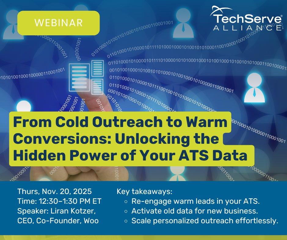 TechServe_Assoc's tweet image. Join our webinar, “From Cold Outreach to Warm Conversions: Unlocking the Hidden Power of Your ATS Data” on Nov. 20, 2025, from 12:30-1:30 PM ET. Learn from Liran Kotzer, CEO of Woo, on how to turn ATS data into warm leads.
hubs.la/Q03TlL-y0

#staffingdata #ATS #outreach