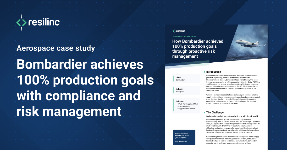 Aerospace leader <a href="/Bombardier/">Bombardier</a> hit 100% of its production goals by shifting to proactive supply chain management.

With real-time visibility from Resilinc, the team anticipated disruptions, improved compliance, and kept production on track.

Full case study: okt.to/DCHSOU