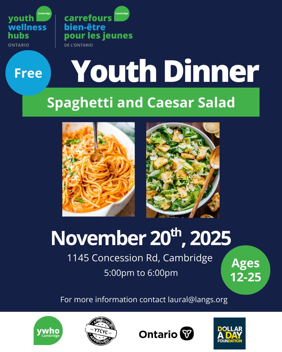 LangsCommunity's tweet image. Ages 12-25? Join us for the next Youth Dinner at YWHO Cambridge on Thursday, November 20, 2025, from 5 - 6 pm.